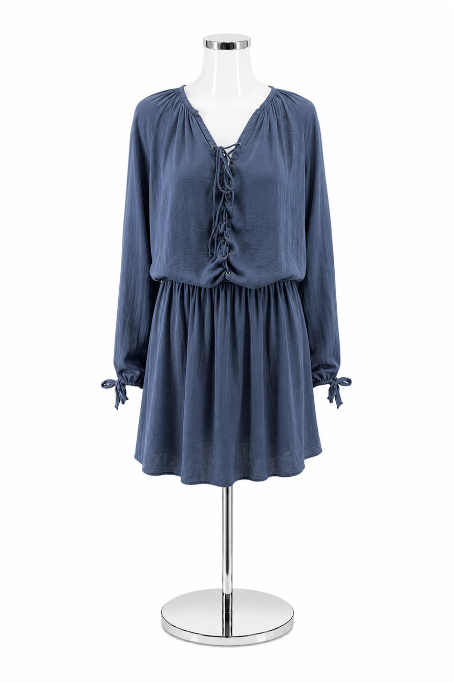 do & be Navy Blue Lace-Up Blouson Sleeve Boho Tunic Dress Size Small